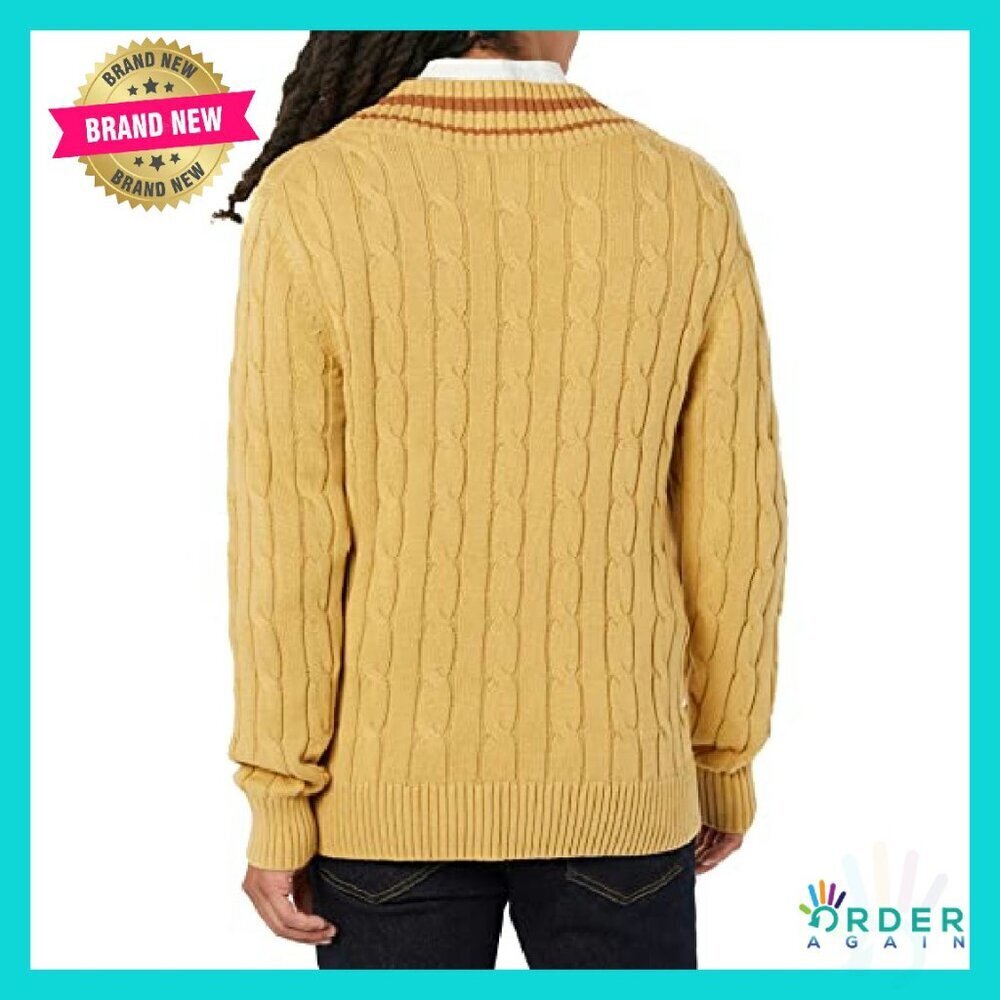 Men's Cable Knit V-Neck Sweater Classic Minimal Preppy Layering Essential - Picture 3 of 8